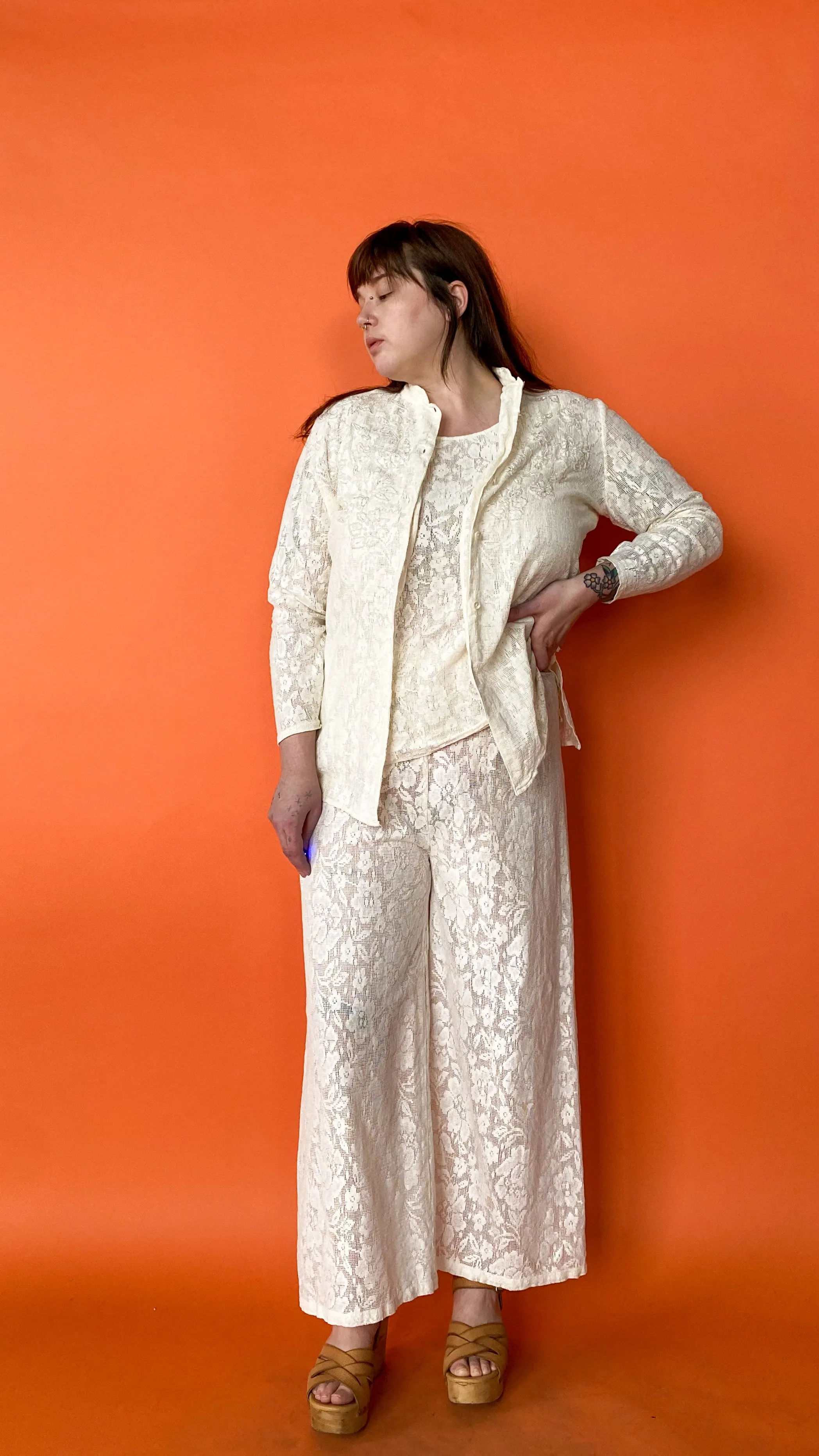 1980s Ivory Lace 3-Piece Set, sz. 1XL