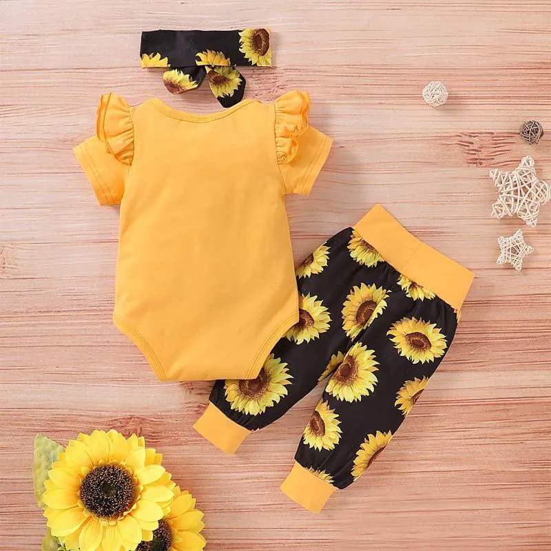 3-piece Ruffle Letter Pattern Bodysuit & Floral Printed Pants & Handband for Baby Girl