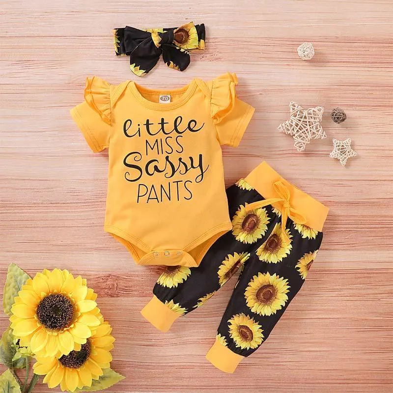 3-piece Ruffle Letter Pattern Bodysuit & Floral Printed Pants & Handband for Baby Girl