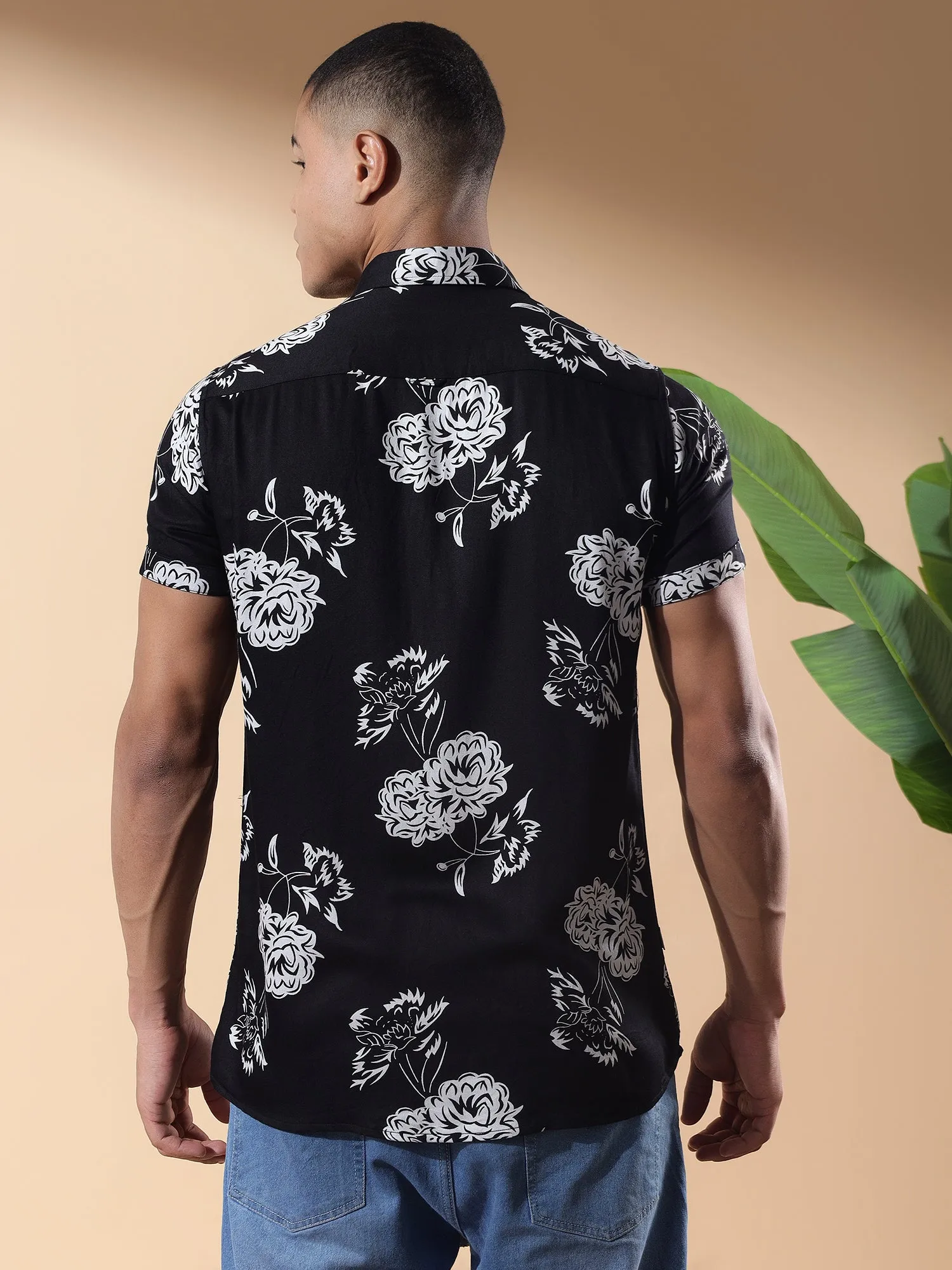 Black Half Casual Printed Cotton Shirt Regular Fit For Man