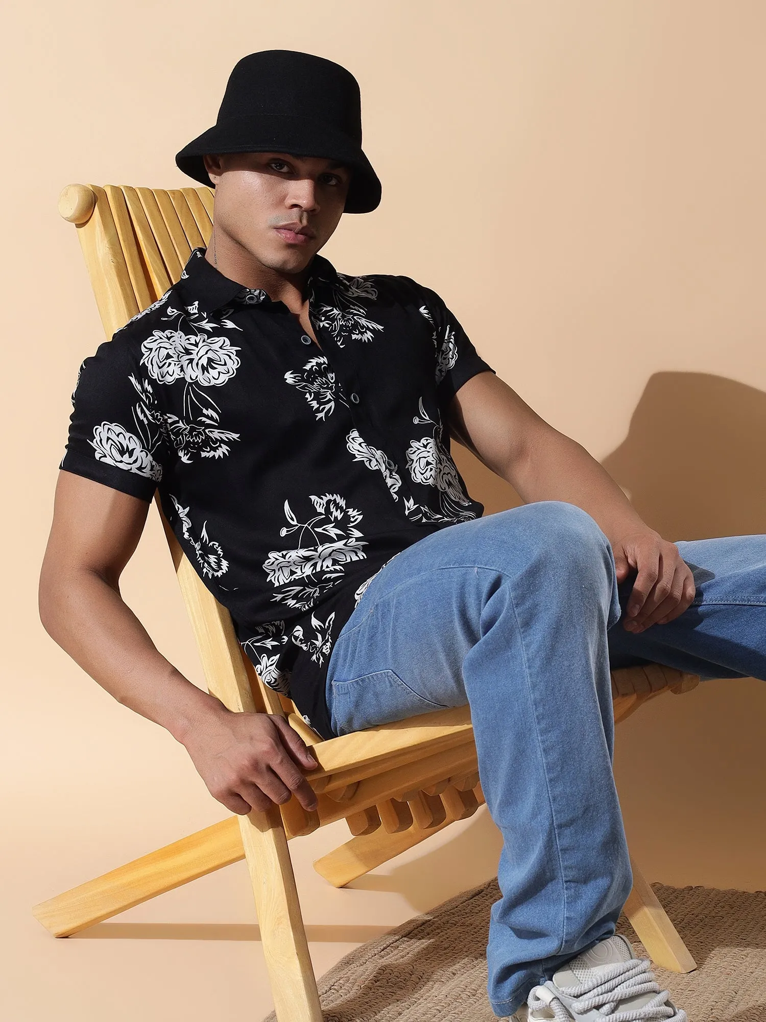 Black Half Casual Printed Cotton Shirt Regular Fit For Man