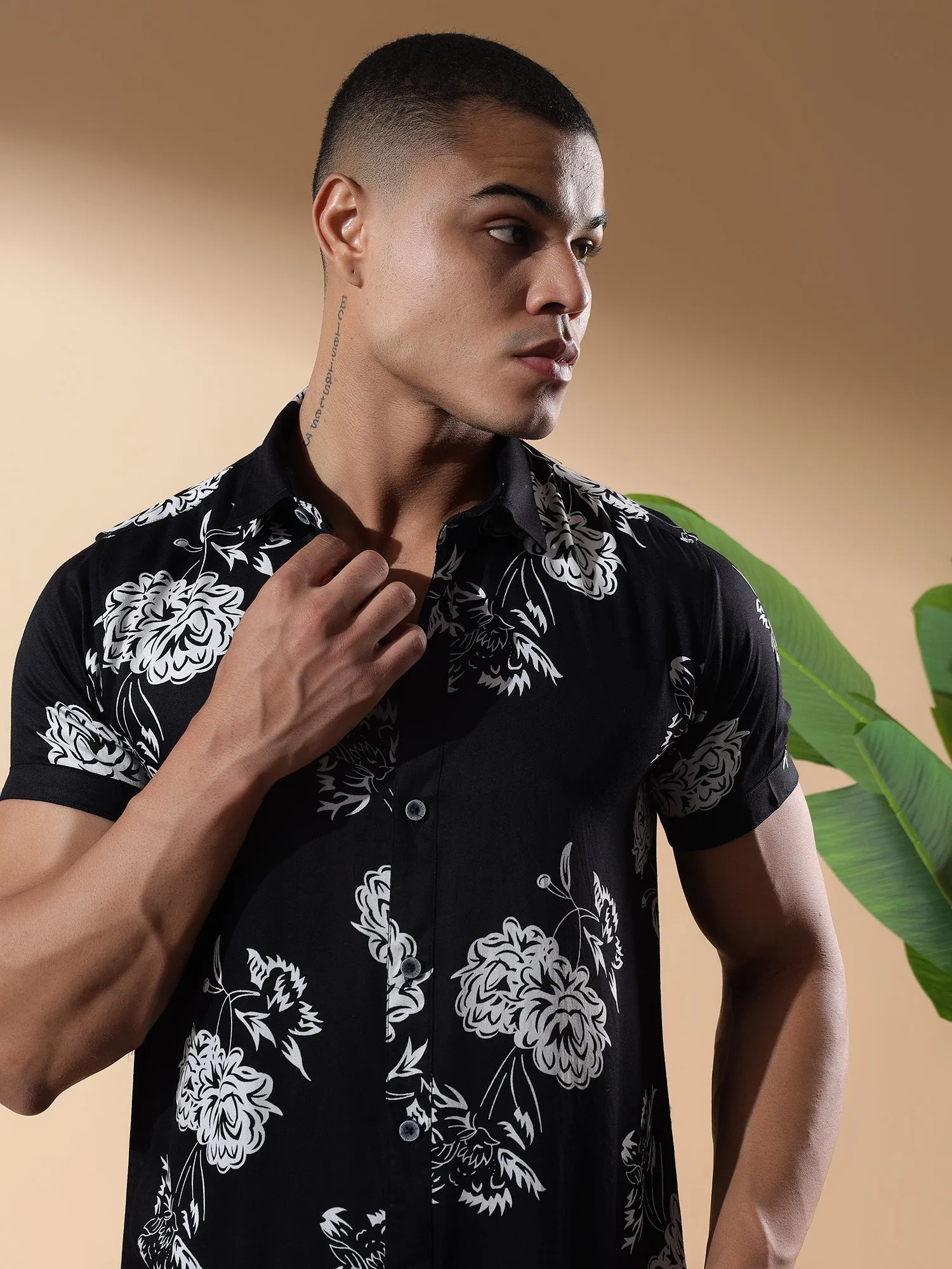 Black Half Casual Printed Cotton Shirt Regular Fit For Man