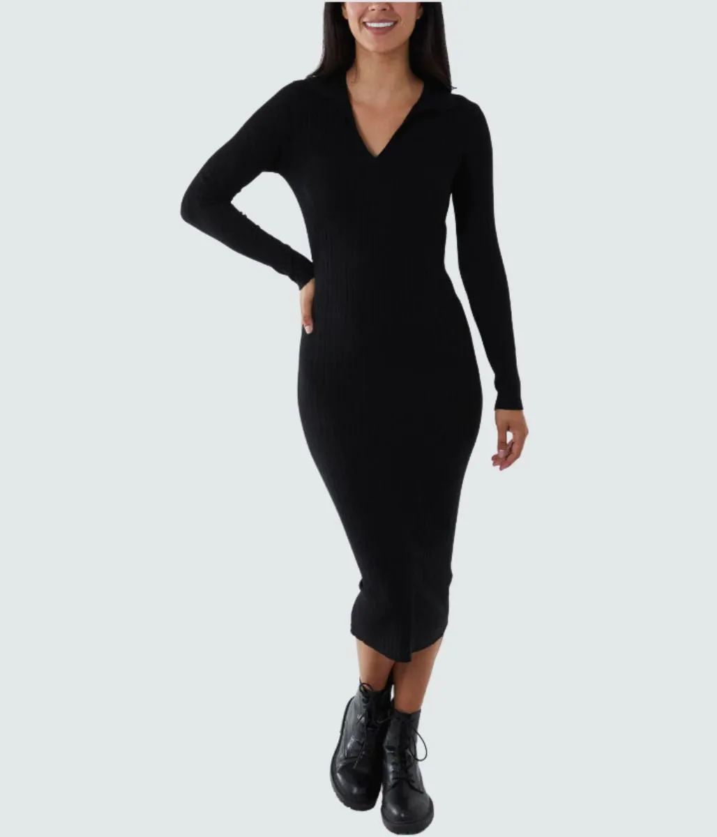 Black Ribbed Notch Collar Knitted Midi Dress