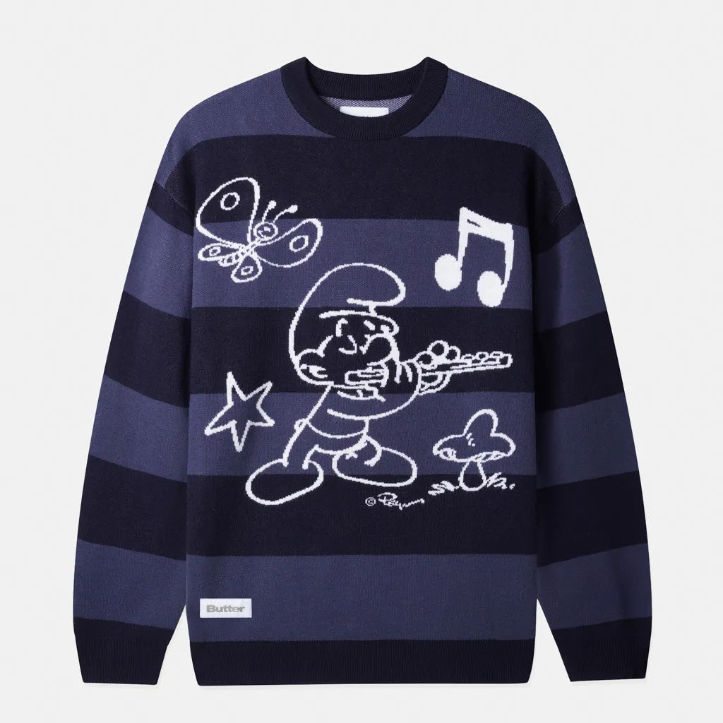 Butter Goods - The Smurfs Flute Knitted Stripe Jumper - Navy / Black