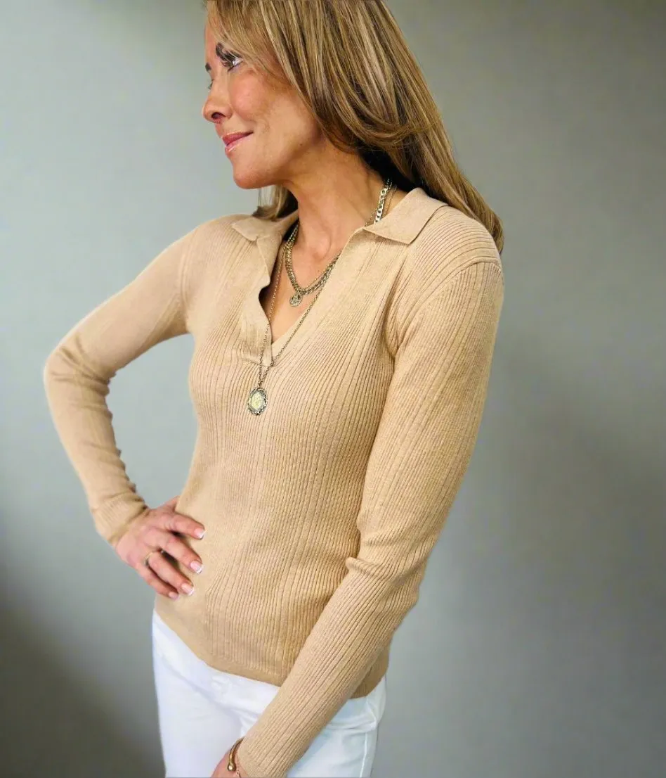 Camel Collared Ribbed Jumper