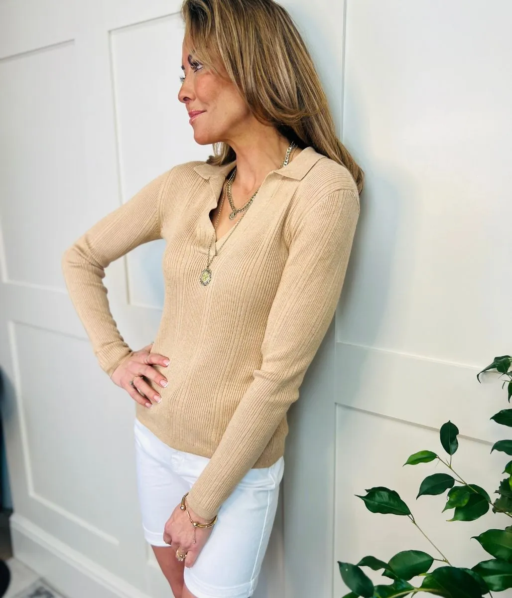 Camel Collared Ribbed Jumper