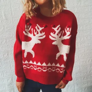 Christmas sweater round neck long sleeve knitted elk pullover