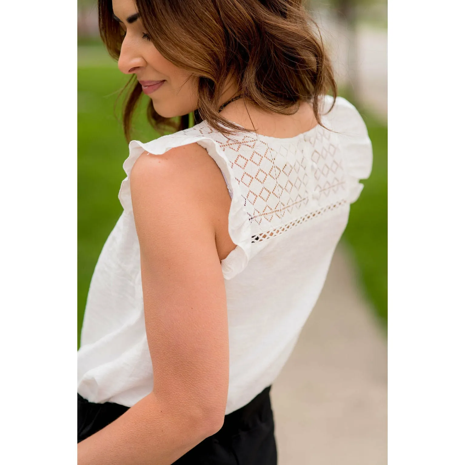 Diamond Cut Out Ruffle Trim Tank