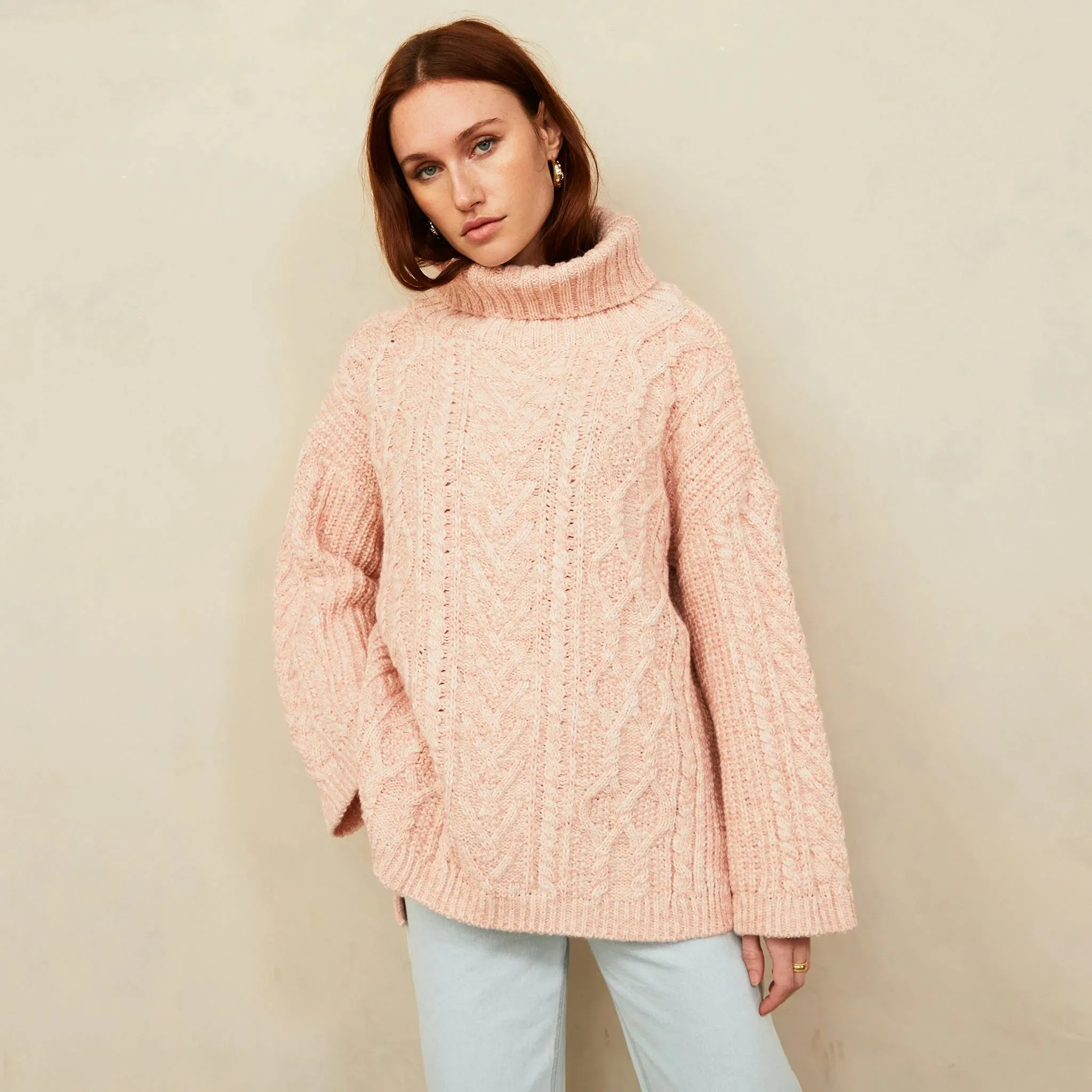 Emily Cable Roll Neck Jumper - Dusky Pink