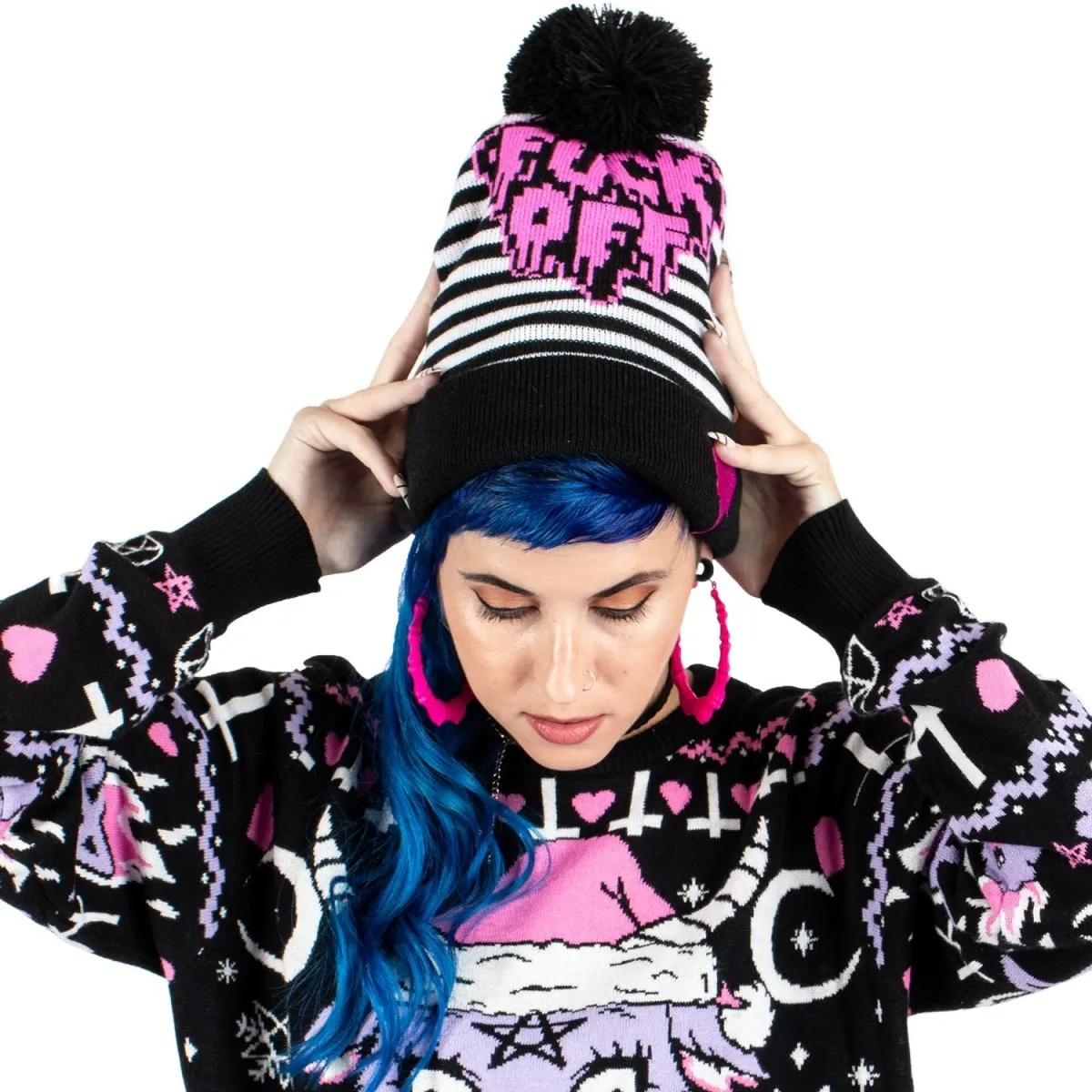 F Off Heart Striped Pom Pom Knit Beanie