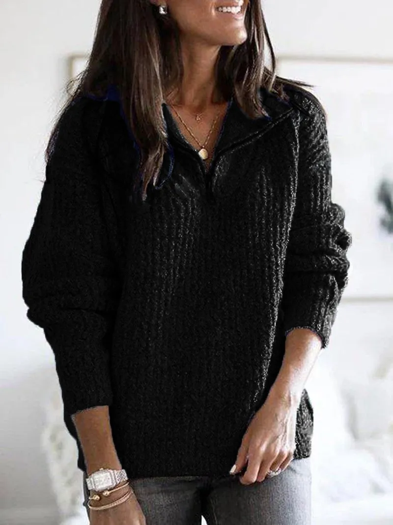 Fashion casual zipper pullover long sleeve knit sweater