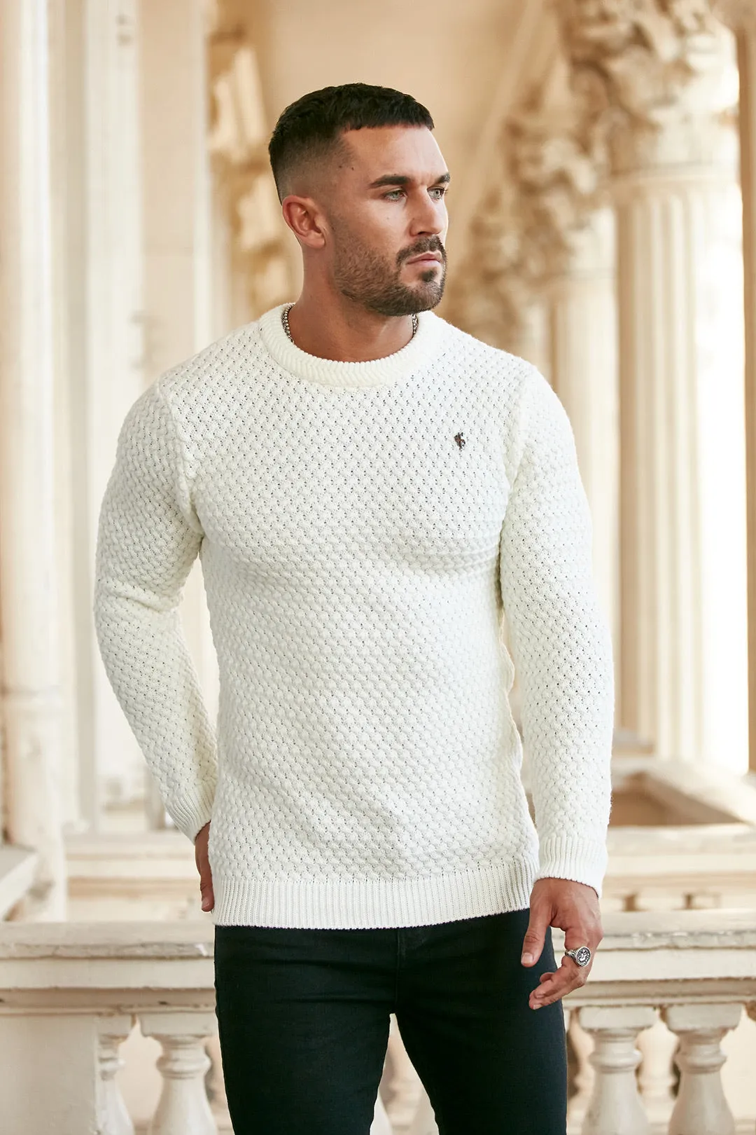 Father Sons Cream Knitted Weave Super Slim Sweater With Metal Decal - FSJ012