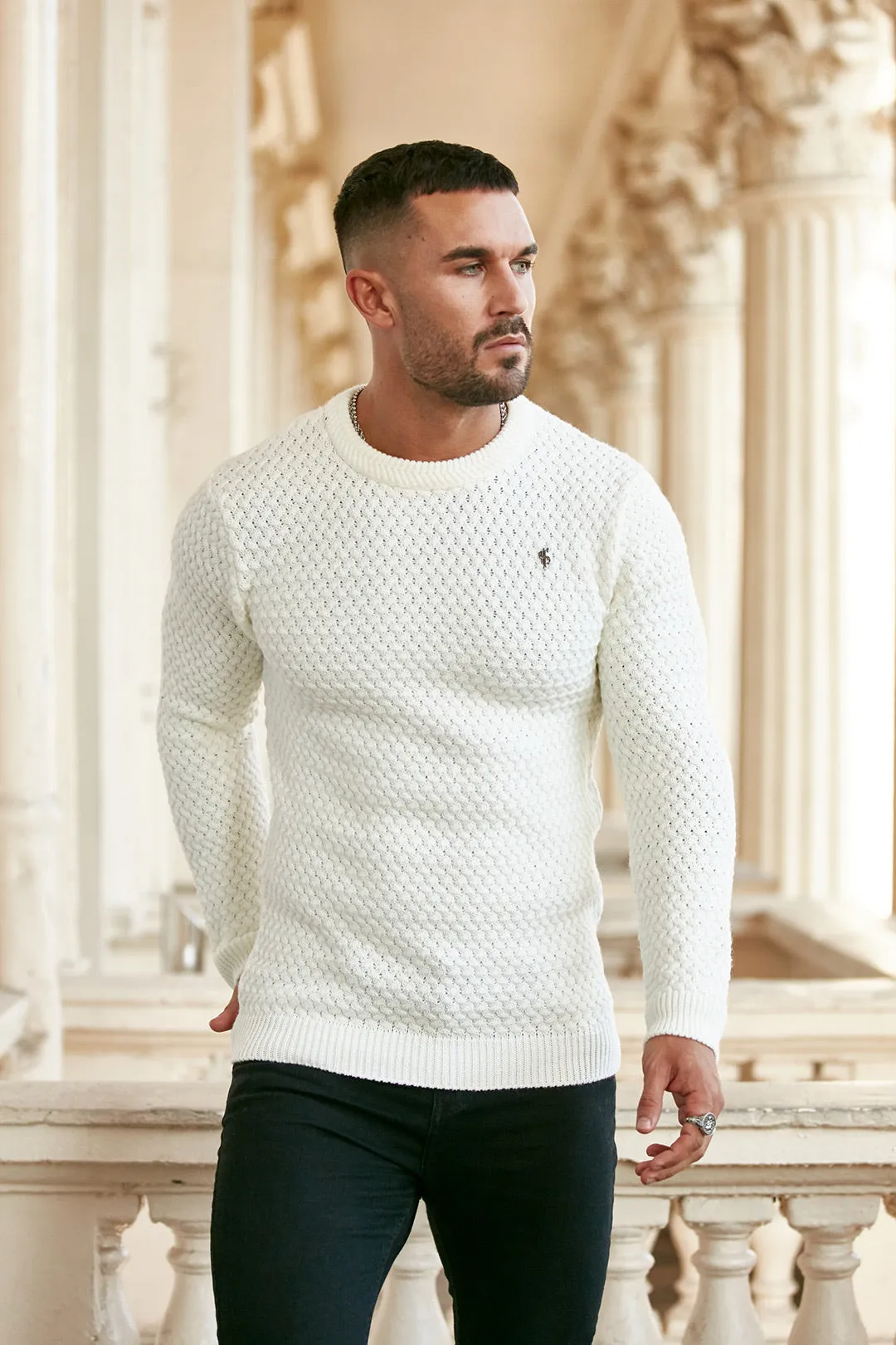 Father Sons Cream Knitted Weave Super Slim Sweater With Metal Decal - FSJ012