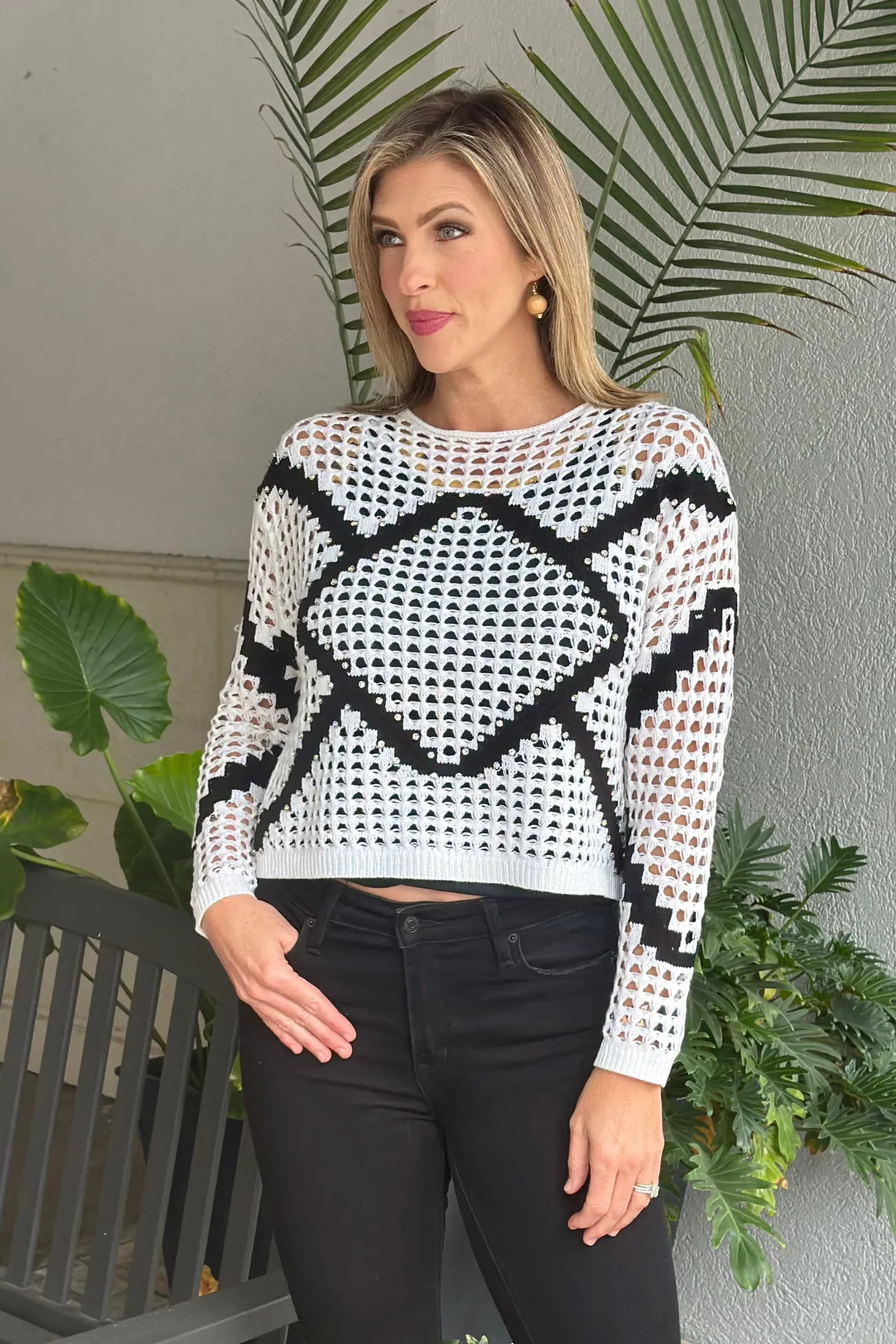 Frank Lyman Printed Fishnet Top