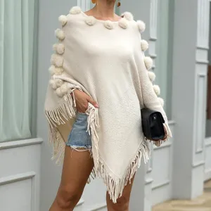 Fringed cloak shawl hair ball round neck pullover solid color sweater women