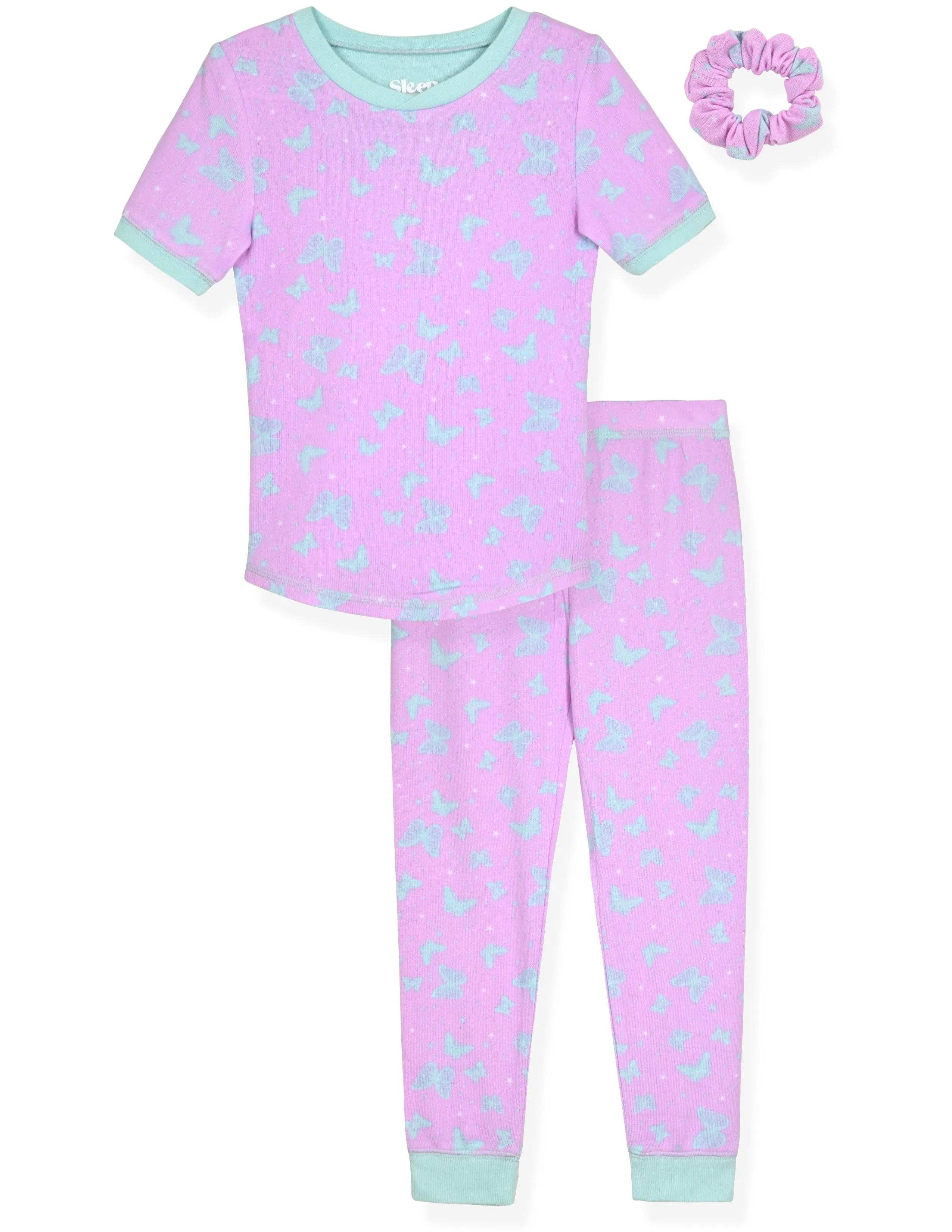 Girls 2-Piece Super Soft Jersey Snug Fit Pajama Set- Butterflies Delight, Purple & Blue