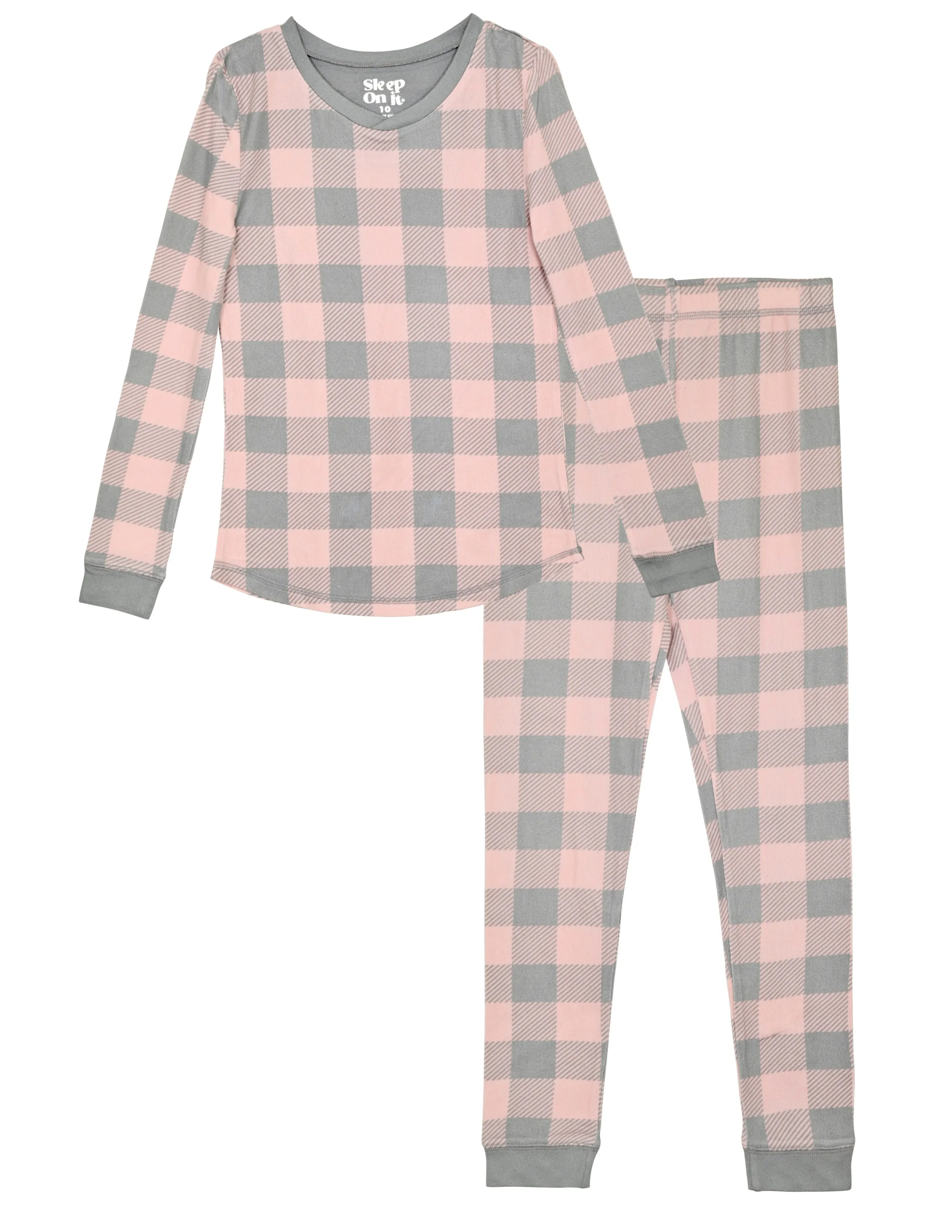 Girls 2-Piece Super Soft Jersey Snug-Fit Pajama Set- Plaid, Pink & Grey Pajama Set for Girls