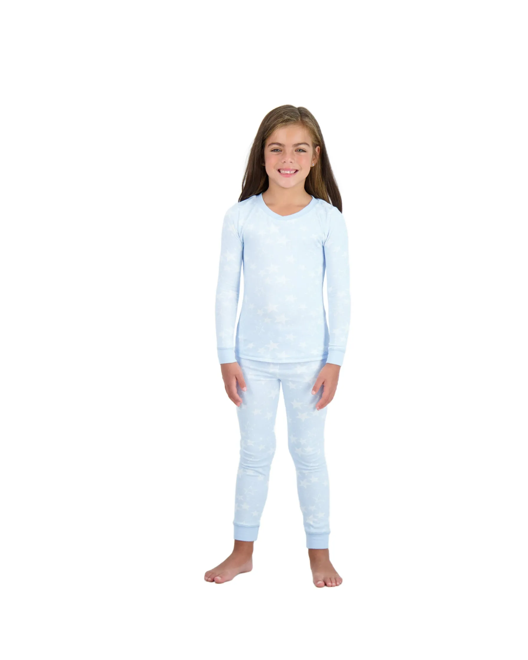 Girls 2-Piece Super Soft Jersey Snug-Fit Pajama Set- Stars, Light Blue Pajama Set for Toddlers and Girls