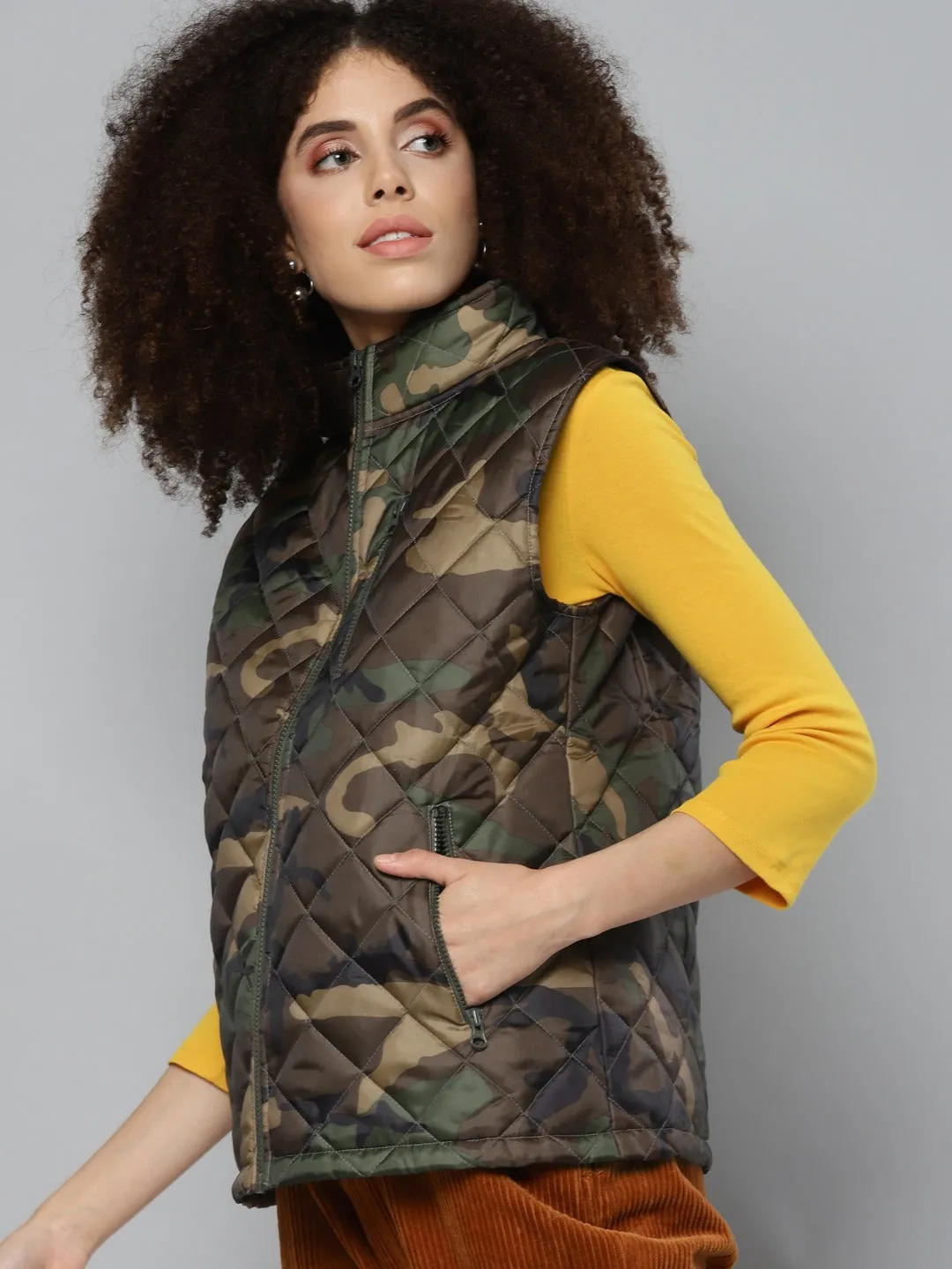 Green Camouflage Sleeveless Puffer Jacket