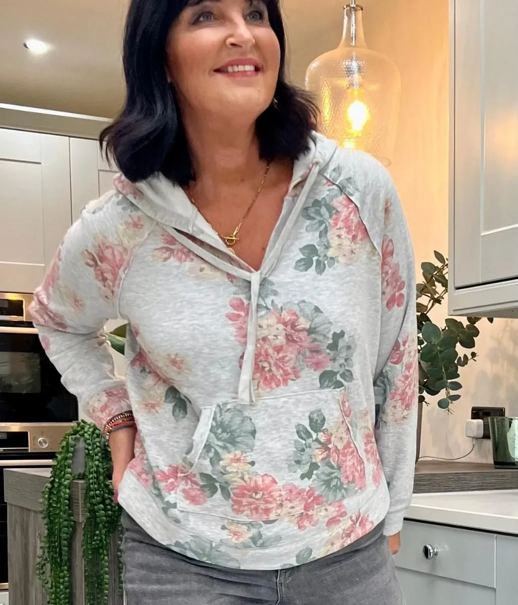 Grey Floral Hooded Jumper