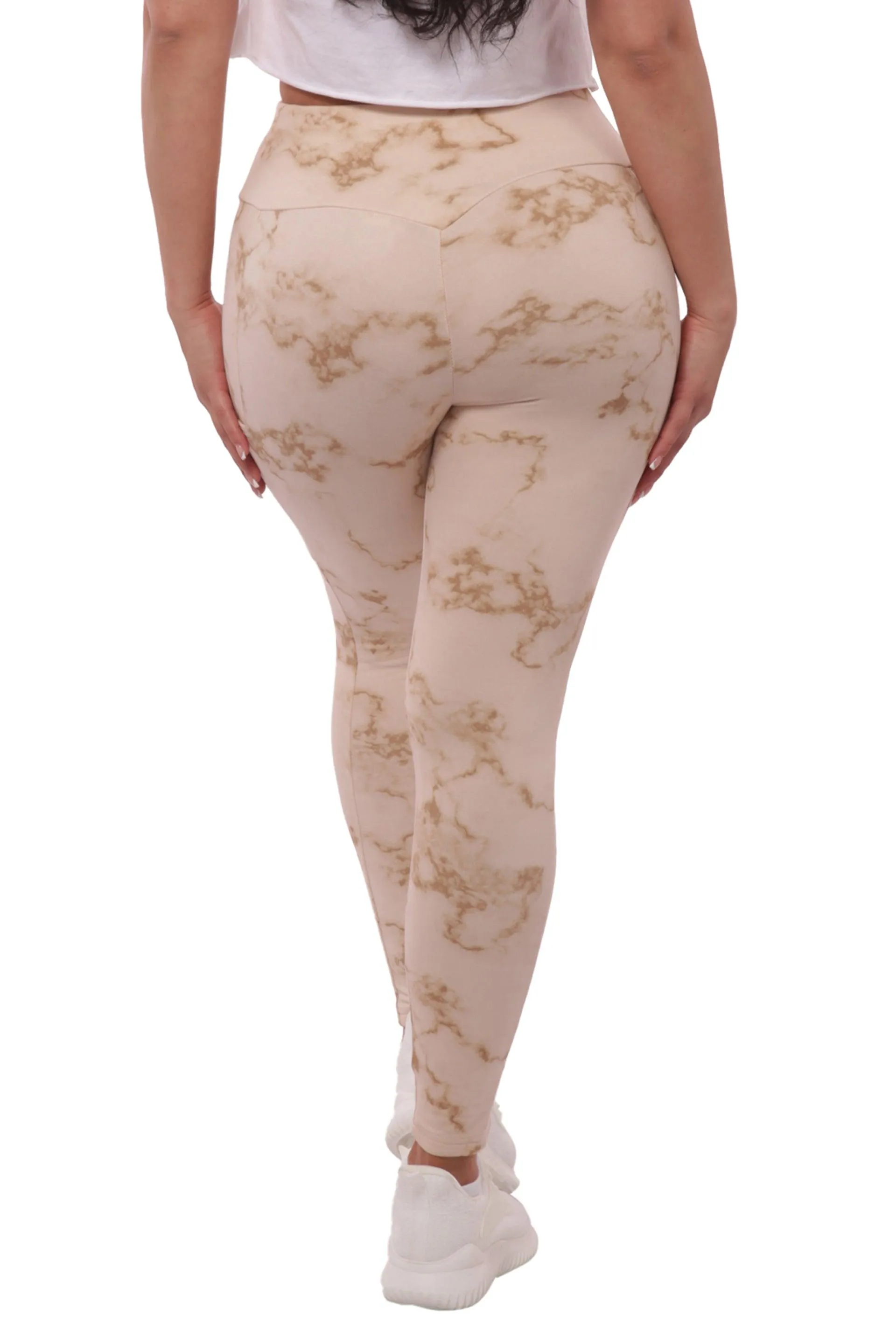 High Waist Fleece Lined Leggings With Side Pockets - Cream Tie Dye