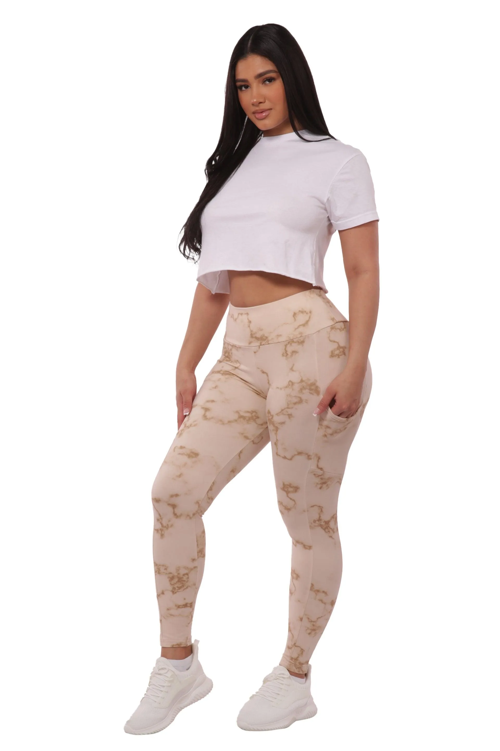 High Waist Fleece Lined Leggings With Side Pockets - Cream Tie Dye