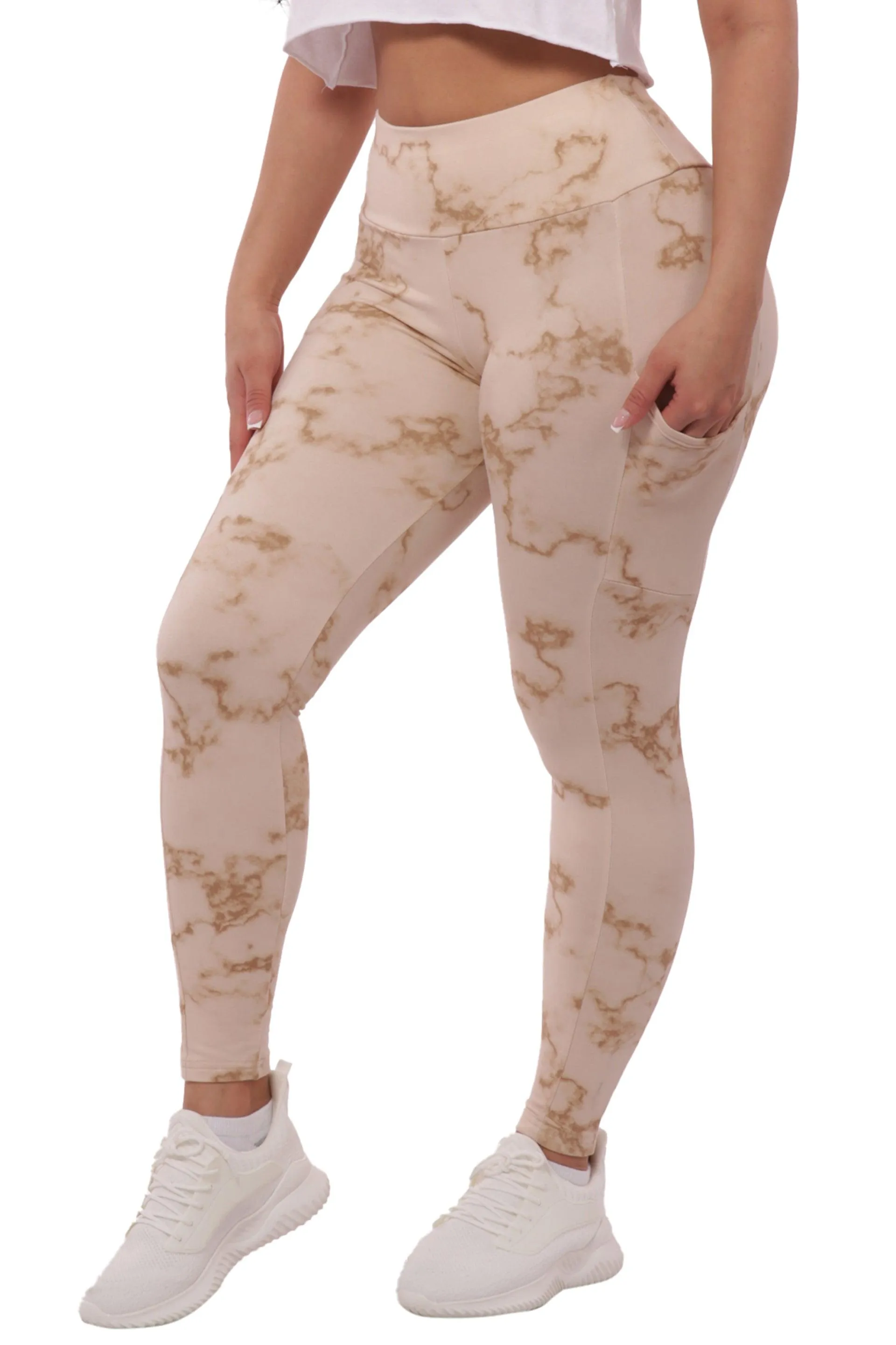 High Waist Fleece Lined Leggings With Side Pockets - Cream Tie Dye