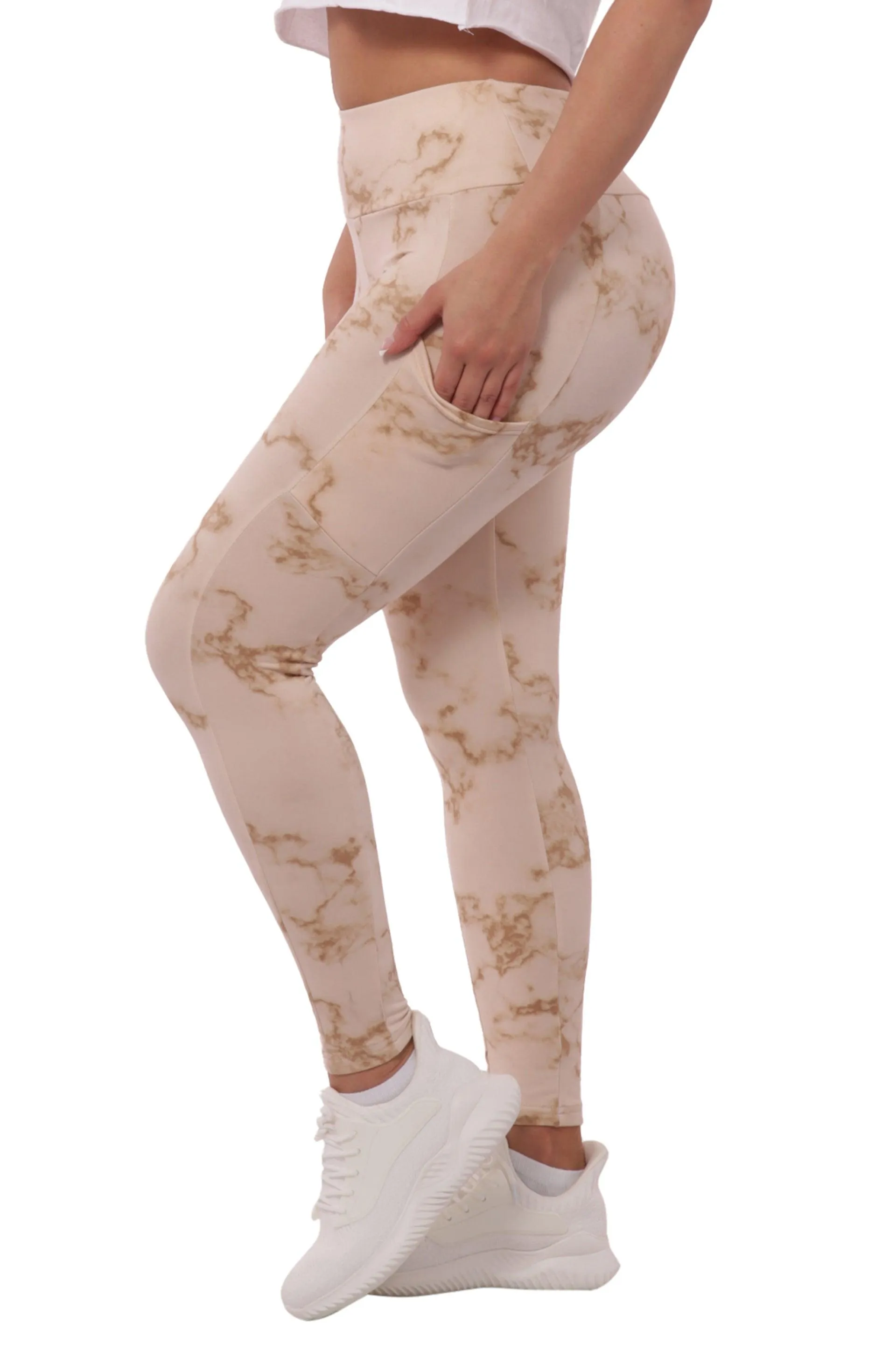 High Waist Fleece Lined Leggings With Side Pockets - Cream Tie Dye