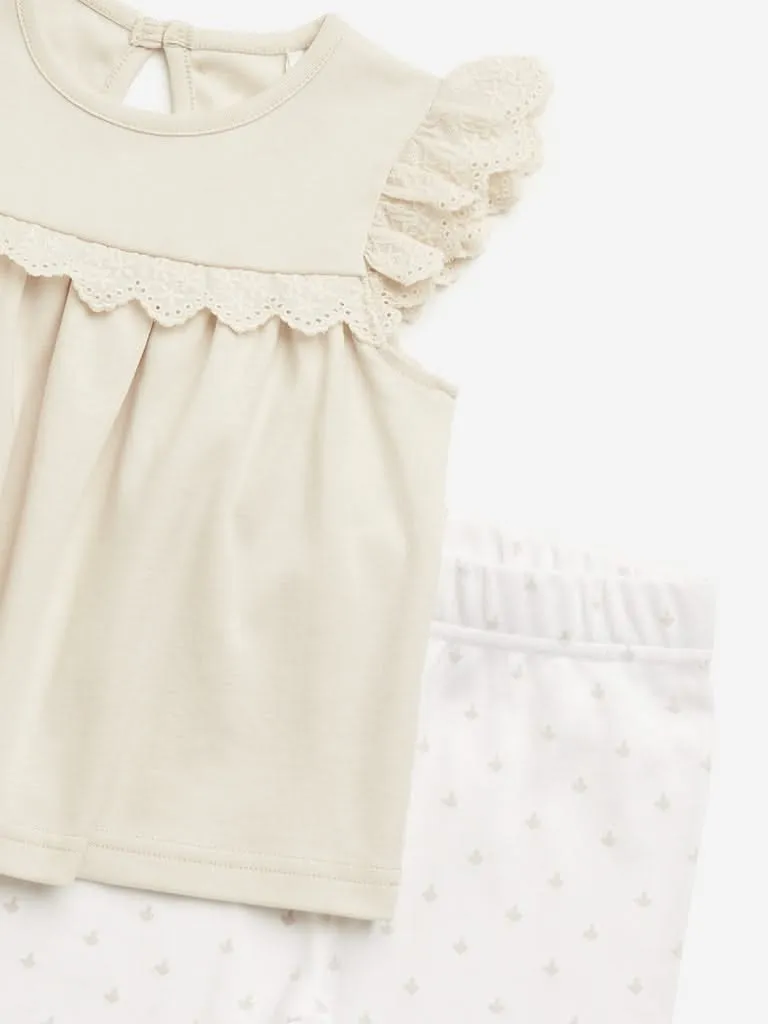 HOP Baby Beige Schiffli Design Top & Pants Set