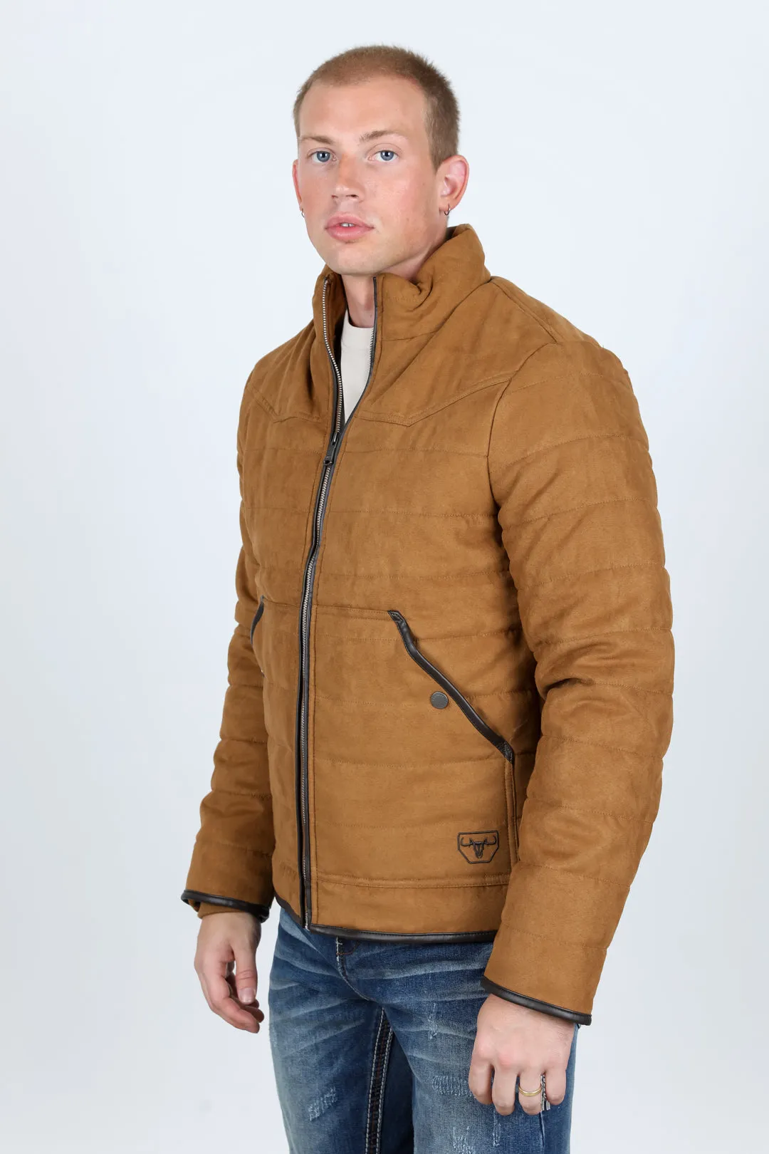 Mens Fur Lined Quilted Faux Suede Jacket - Camel