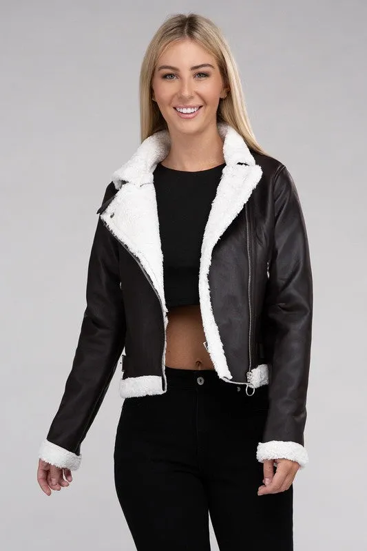 PLUSH TEDDY PU LEATHER JACKET