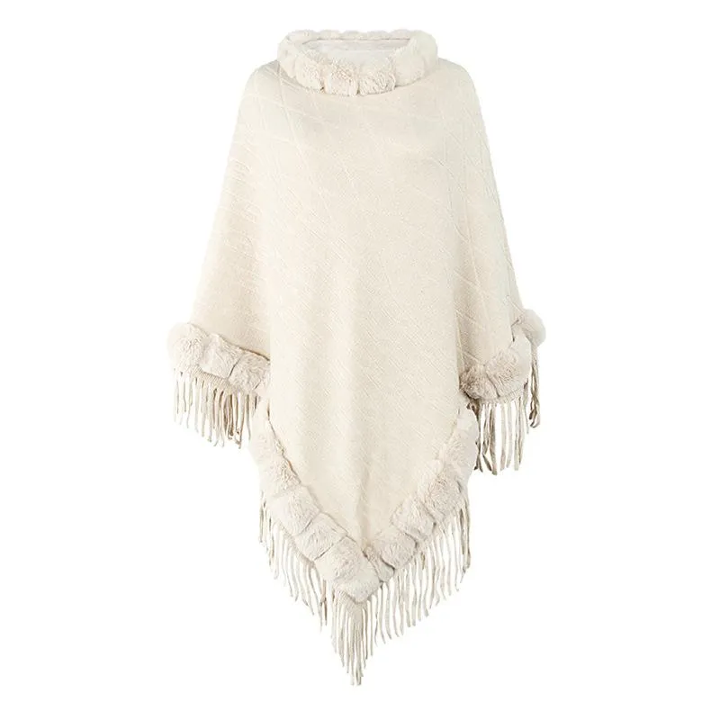 Pure color knitted cape shawl with fur collar