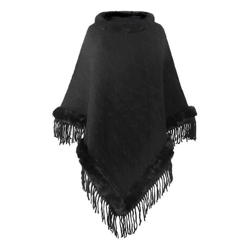 Pure color knitted cape shawl with fur collar