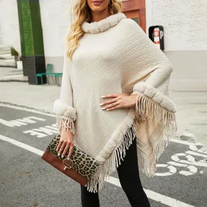 Pure color knitted cape shawl with fur collar