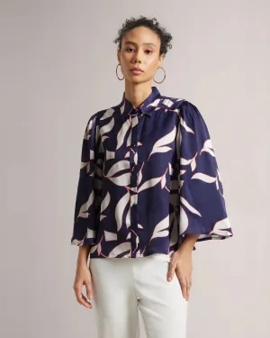 Purple Satin Floral Print Bell-Sleeved Shirt Only