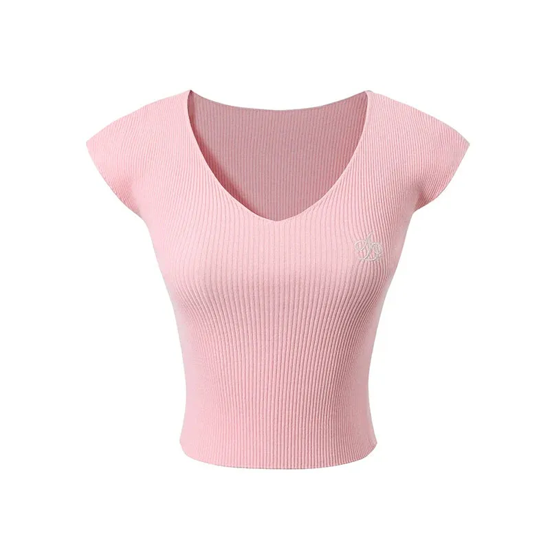 Ribbed V-Neck Cap Sleeve Crop Top