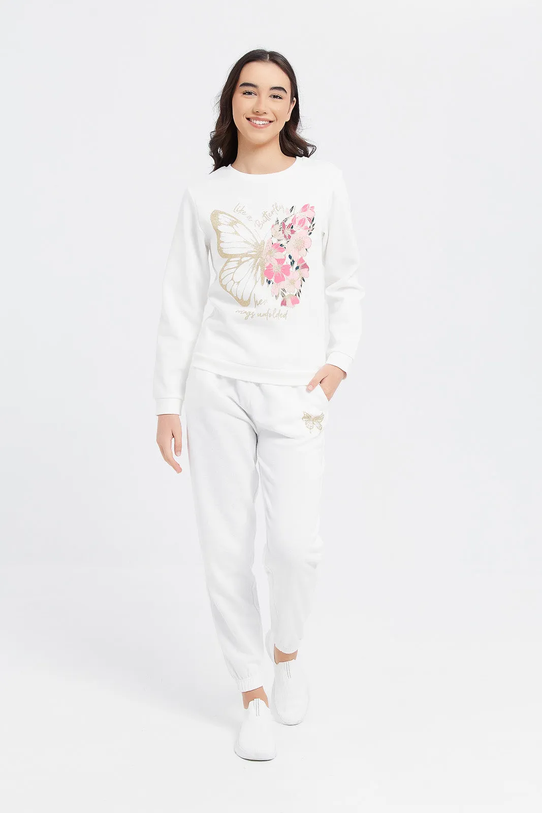 Senior Girls White Printed Track Pants