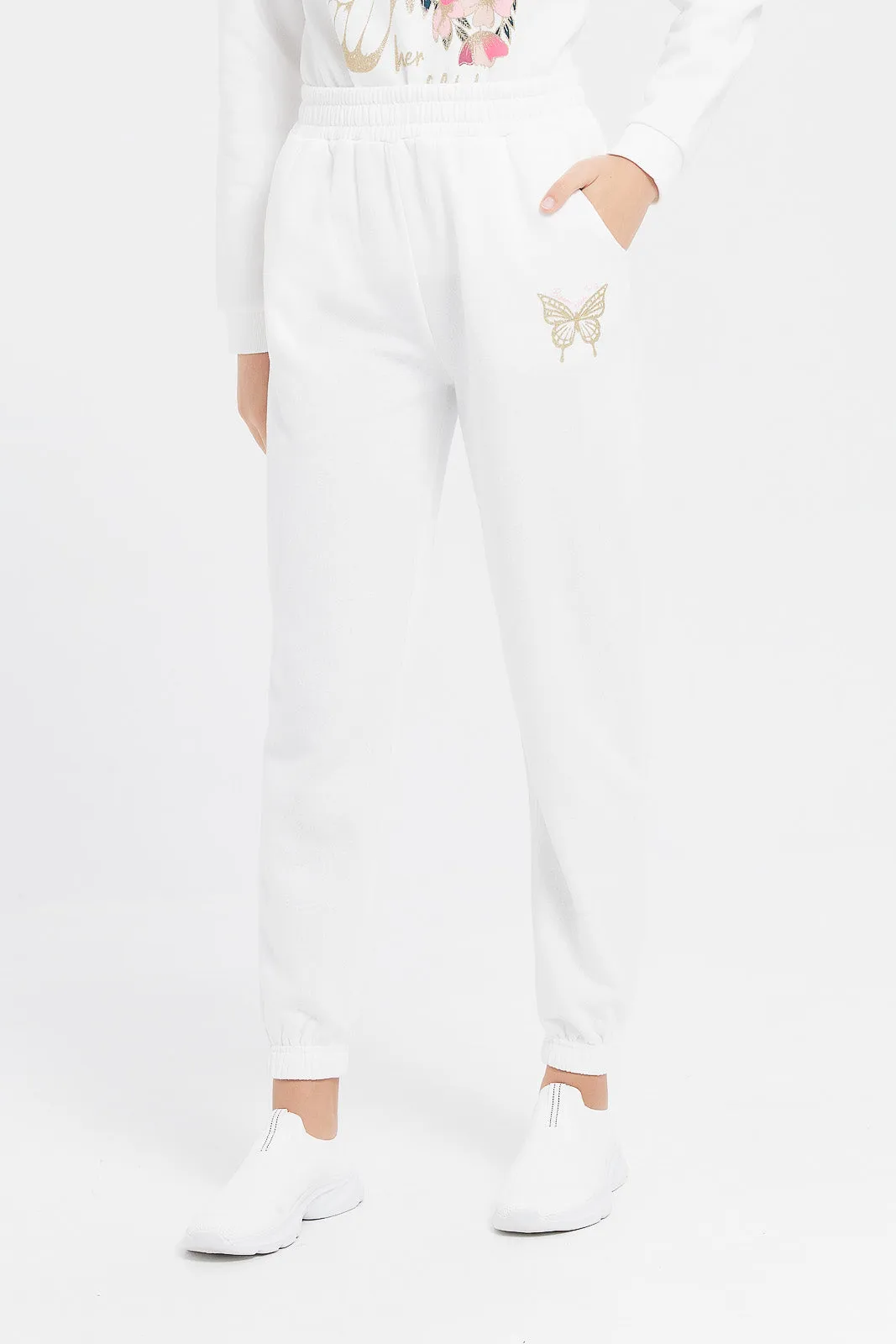 Senior Girls White Printed Track Pants