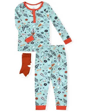 Sleep On It Infant & Toddler Boys 2-Piece Super Soft Jersey Snug-Fit Pajama Set with Matching Socks - Space