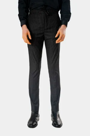 Standard Length Long Sleeve Wool Pants in Black Pinstripe