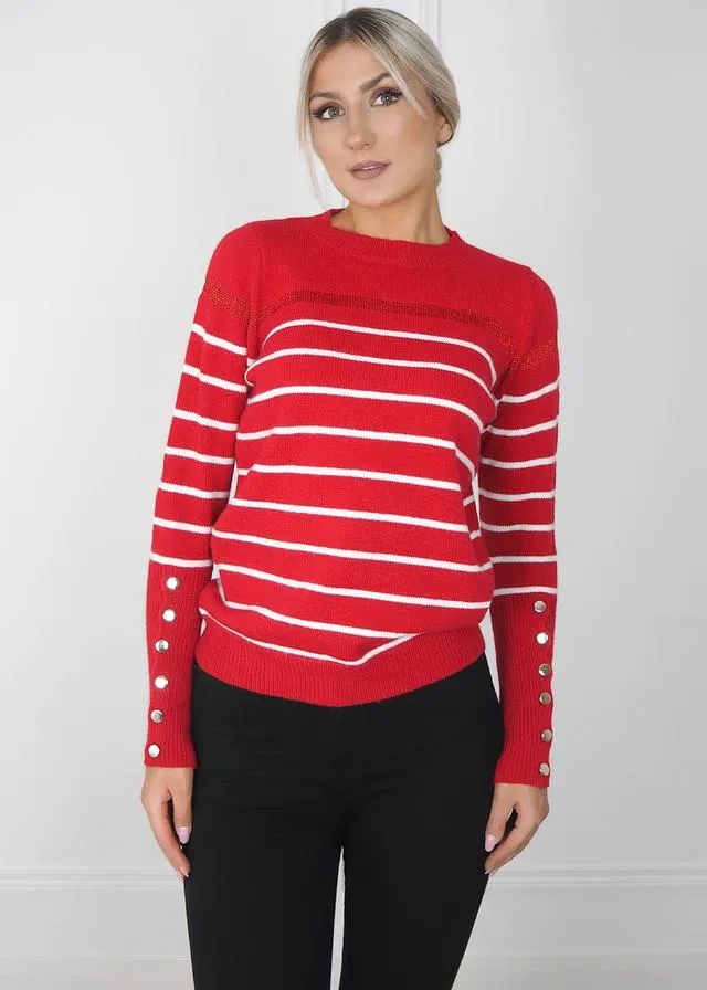 Stella Red Stripe Button Detail Knit Jumper