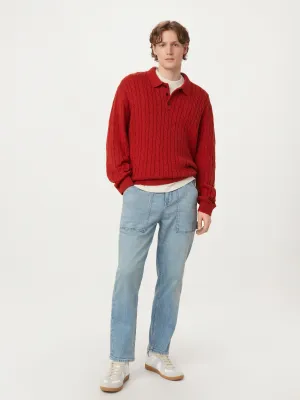 The Cable Knit Polo Sweater in Red