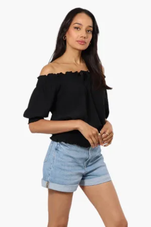 Urbanology Off Shoulder Tie Front Smock Blouse - Black