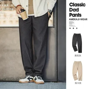 Vintage Heavyweight Dad Pants for Men - Elastic Waist Blended Tweed Straight Trousers