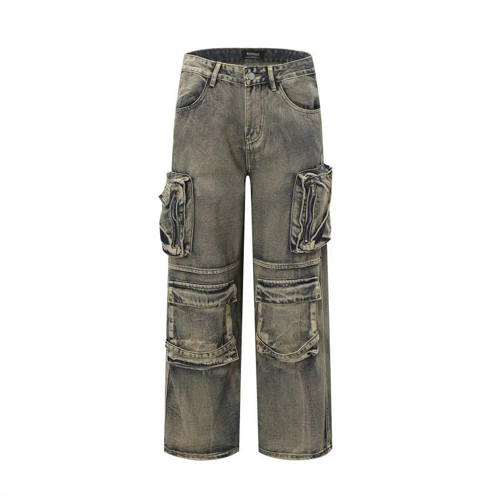 Wasteland Style Multi Pocket Denim Workwear Pants - Men's Straight Leg Jeans