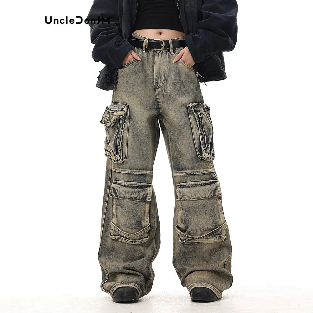 Wasteland Style Multi Pocket Denim Workwear Pants - Men's Straight Leg Jeans