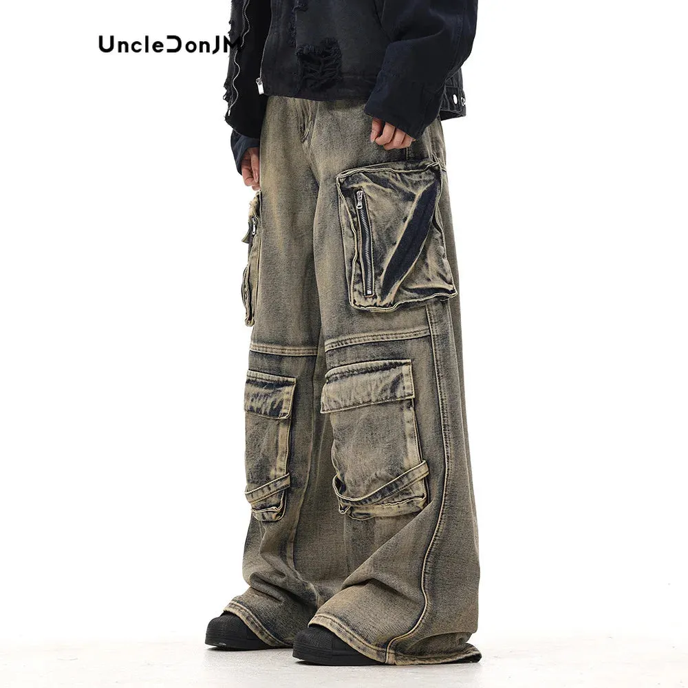 Wasteland Style Multi Pocket Denim Workwear Pants - Men's Straight Leg Jeans