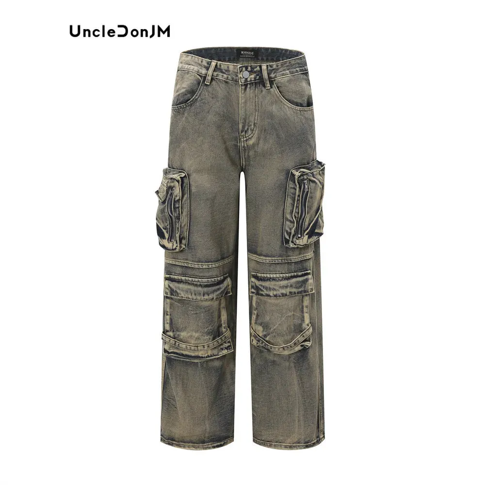 Wasteland Style Multi Pocket Denim Workwear Pants - Men's Straight Leg Jeans