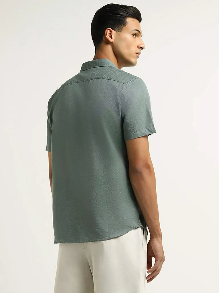 WES Casuals Green Printed Slim Fit Blended Linen Shirt