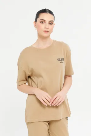 Women Brown Oversize T-Shirt With Placement Print